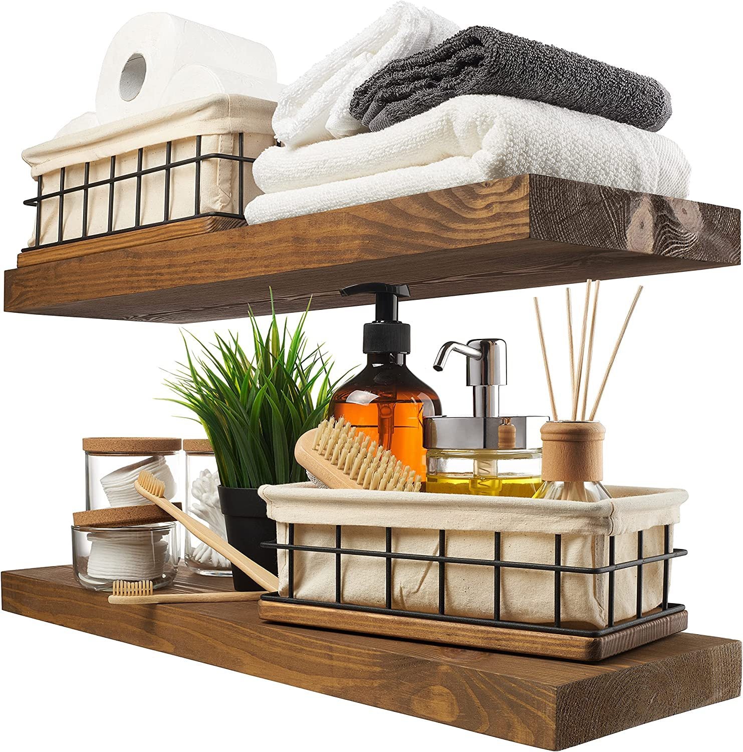 Solid Wood Two-Piece Set Floating Shelves Rustic Kitchen Bathroom Wooden Wall Shelves