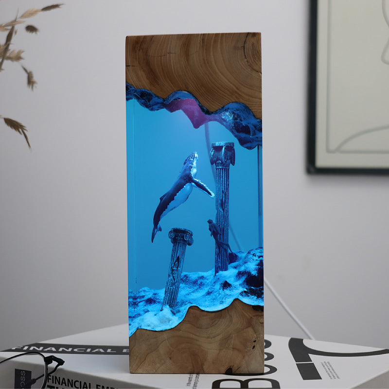 Cave whale diver desktop ornament, marine art craft, solid wood resin lamp, birthday gift, jewelry