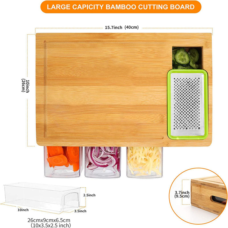Bamboo cutting board with built-in grater and measurements on a white background