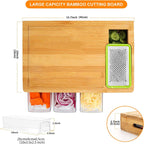 Bamboo cutting board with built-in grater and measurements on a white background