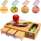Wooden cutting board with multiple attachments and vegetables on a white background