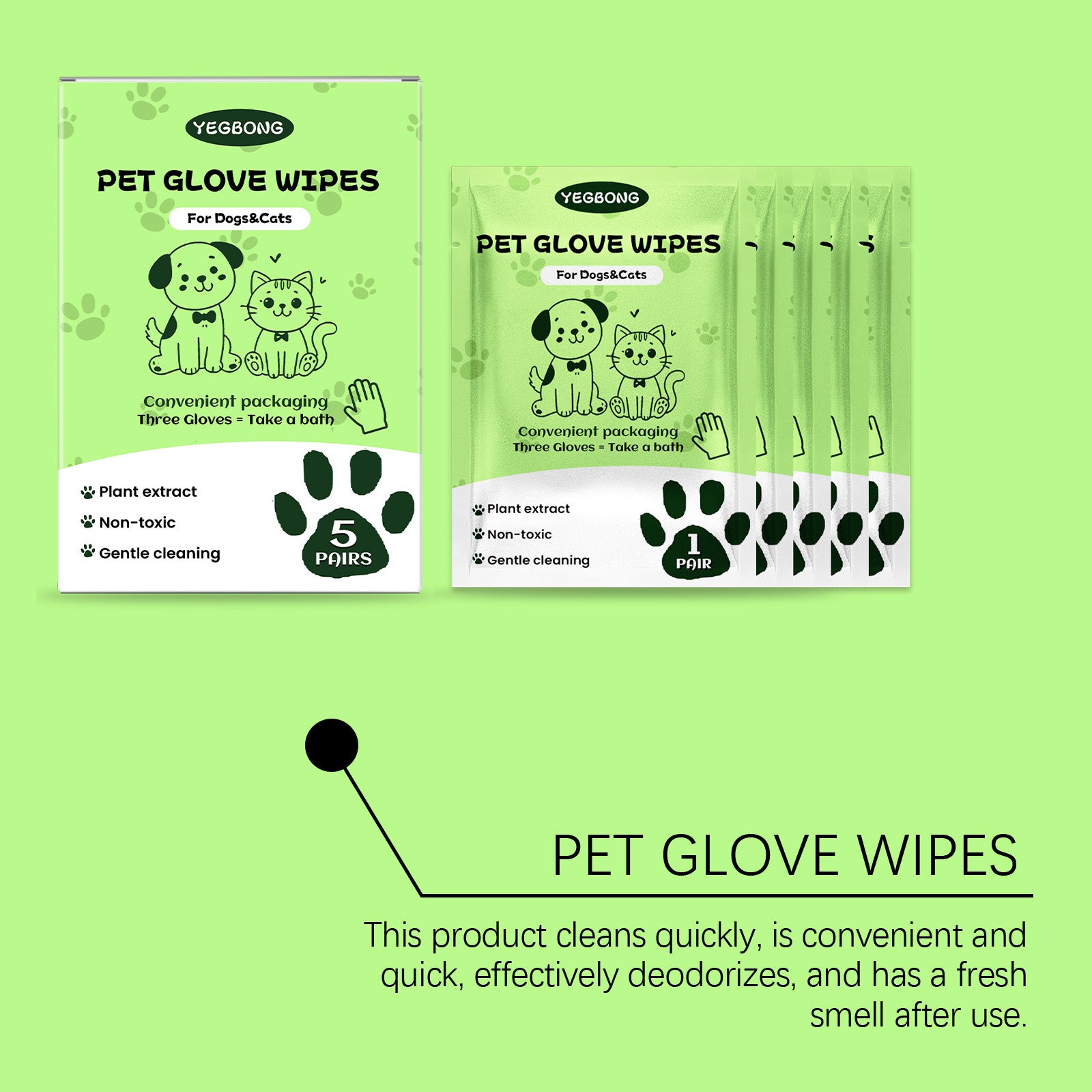 YEGBONG Pet Cleaning Gloves - No Washing Required, Cleansing Gloves for Cats and Dogs to Remove Dirt and Odors Without Bathing