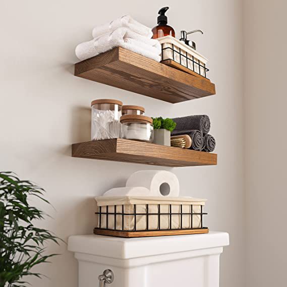 Solid Wood Two-Piece Set Floating Shelves Rustic Kitchen Bathroom Wooden Wall Shelves