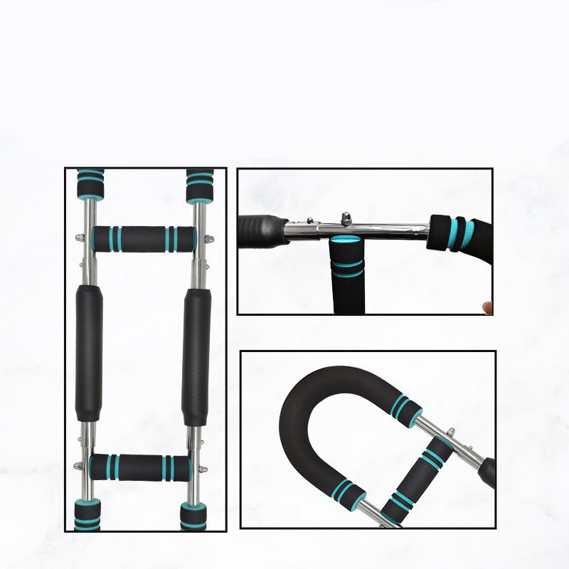 Fitness equipment with black and blue handles on a white background