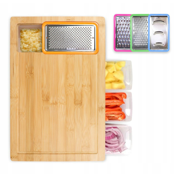 Bamboo cutting board with a grater attachment and inset images of vegetables.