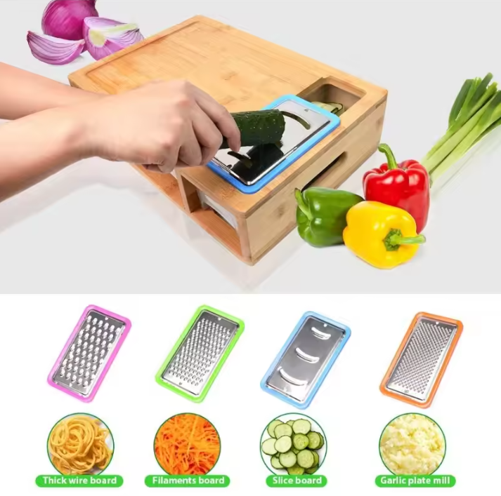 Vegetable grater with different attachments on a cutting board surrounded by vegetables.