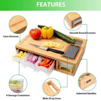 Bamboo cutting board with knife, vegetables, and storage containers, featuring features like juice grooves and smooth round corners.