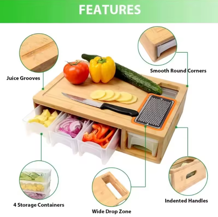 Bamboo cutting board with knife, vegetables, and storage containers, featuring features like juice grooves and smooth round corners.