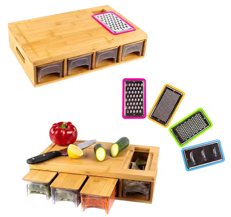 Wooden cutting board set with multiple grating surfaces and a knife on a white background.