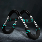 Pair of black and teal portable arm trainer on a dark background